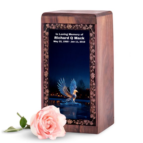 MUKTIVE Phoenix Small Urns for Human Ashes Adult Female, Blue Wooden Urn Box Personalized, Mini Wooden Boxes 5 Inch, Funeral Memorial Urn for Mom, Cremation Box Engraved