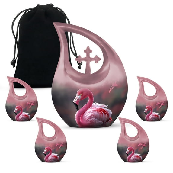 MUKTIVE Pink Flamingo Burial Urns for Human Ashes Remains, Keepsake Memorial Urns for Human Ashes Man & Women, Funeral Tiny Urn for Mom & Dad, Holds 3 Cubic(1 Large, 4 Keepsake)