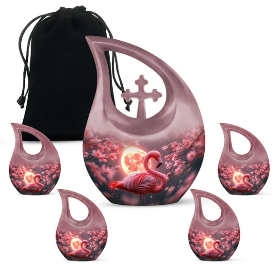 MUKTIVE Pink Flamingo Memorial Urn for Adult Human Ashes Mother & Father, Keepsake Cremation Flowers Urn for Male & Female, Human Ashes for Men & Women (1 Large, 4 Keepsake)