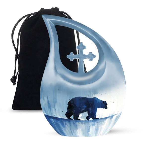 MUKTIVE Polar Bear Memorial Urns for Human Ashes - Decorative Urns with Lids - Large Cross Drop Funeral Urn for Human Ashes Adult Man and Women Remains with Velvet Bag, 10 Inch