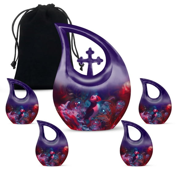 MUKTIVE Puffin Bird Funeral Urn for Human Ashes Adult Mom & Dad, Combo Sets Decorative Urns for Adult Men, Purple Urns for Memorial(1 Large 10 ", 4 Keepsake 3 ")