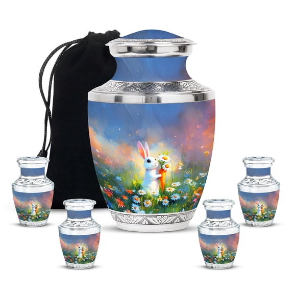 MUKTIVE Rabbit Decorative Urn for Human Ashes Mother & Father, Large Blue Urn for Funeral, Memorial Flowers Keepsake Urns for Adult Male & Female (1 Large, 4 Keepsake)