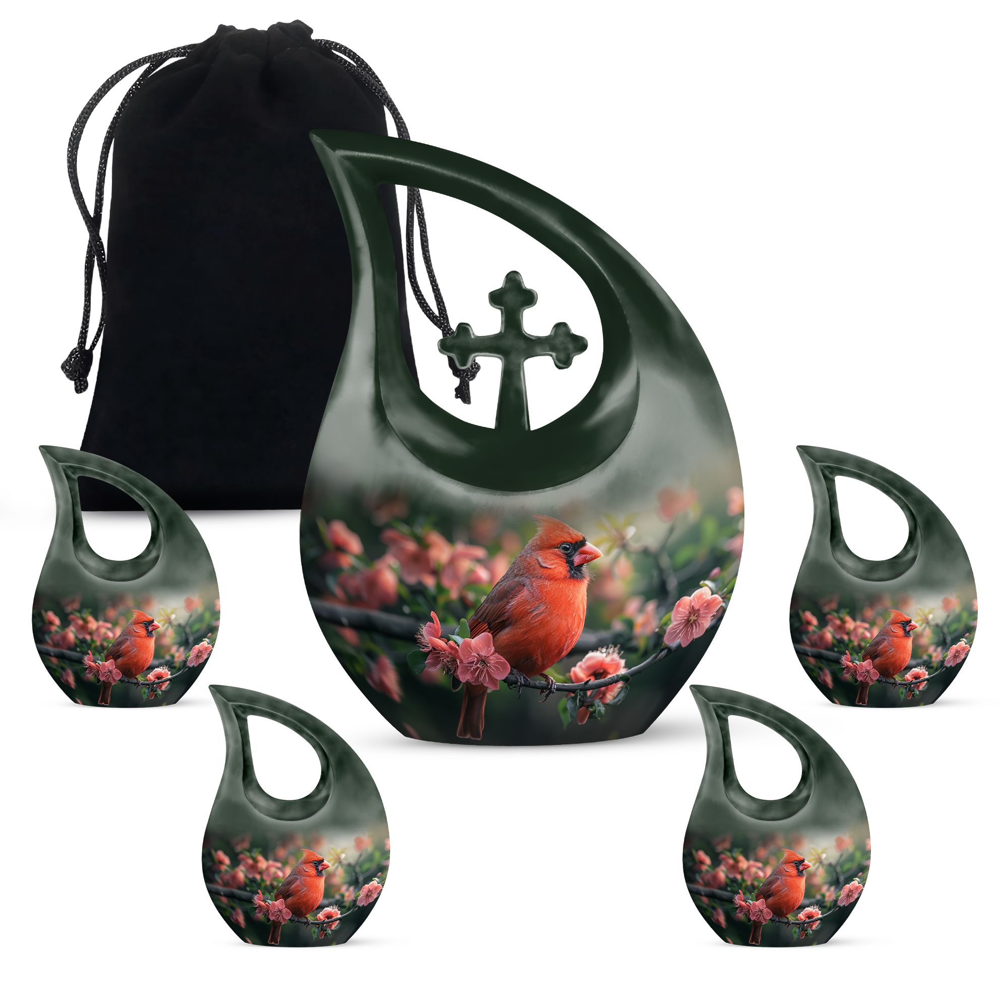 MUKTIVE Red Cardinal Bird on Blossom Tree Funeral Urn for Ashes Women & Men, Decorative Memorial Urn for Human Ashes, Combo Set, (1 Large 10 ", 4 Keepsake 3 ")