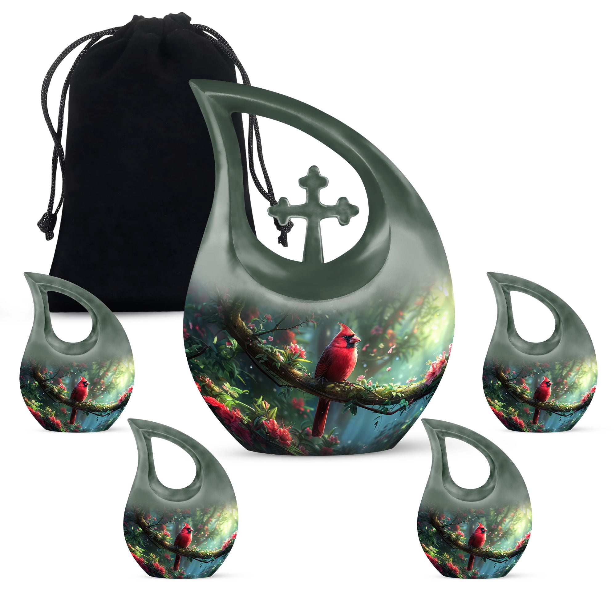 MUKTIVE Red Cardinal Bird in Jungle Combo Sets Memorial Urns for Human Ashes Adult Female, Cremation Urn for Adult Man & Women Ashes, Funeral Burial, (1 Large 10 ", 4 Keepsake 3 ")