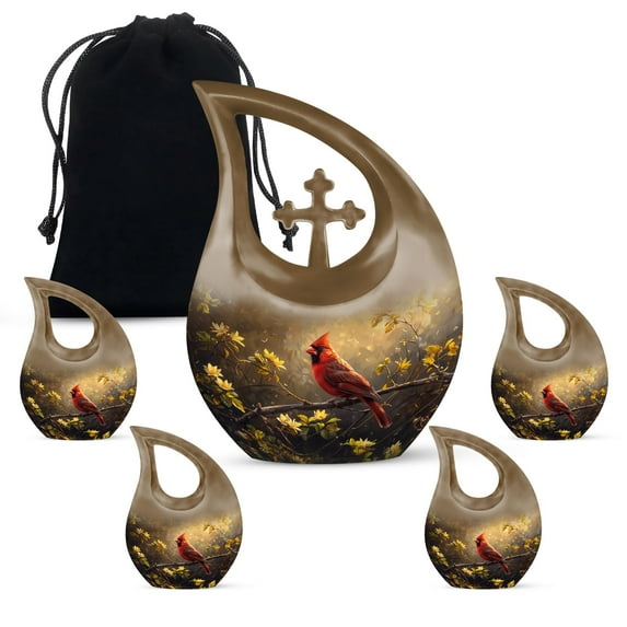 MUKTIVE Red Cardinal Bird on Tree Combo Sets Funeral Urn for Adult Ashes Mother & Father, Decorative Funeral Urns for Human Ashes Adult Man, Combo Sets, (1 Large 10 ", 4 Keepsake 3 ")