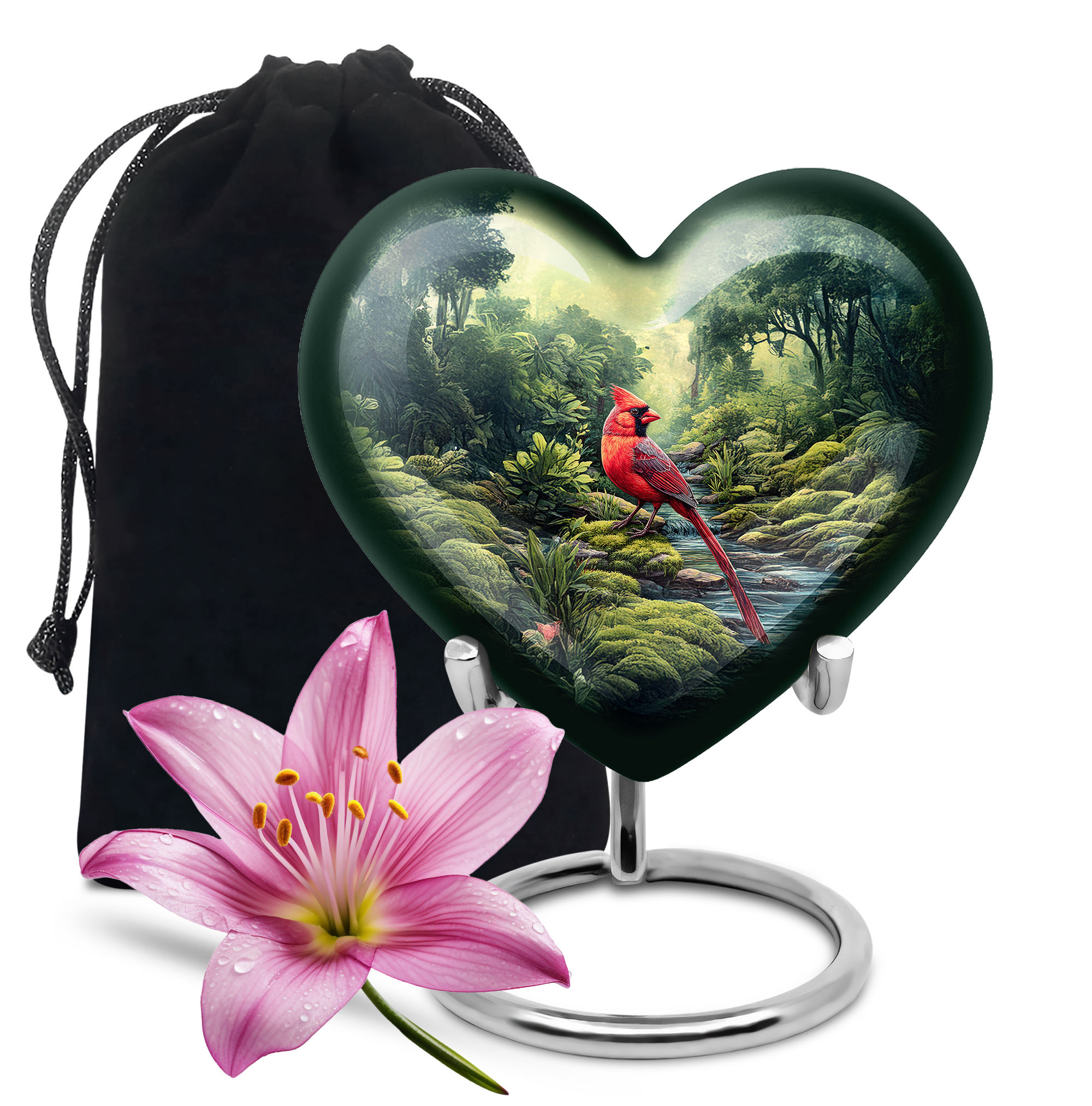 MUKTIVE Red Cardinal Urns for Human Ashes Adult Man & Women - Bird Cremation Urns for Human Ashes - Green Funeral Urn for Burial - Large Heart Urn for Mom & Dad - 8 Inch