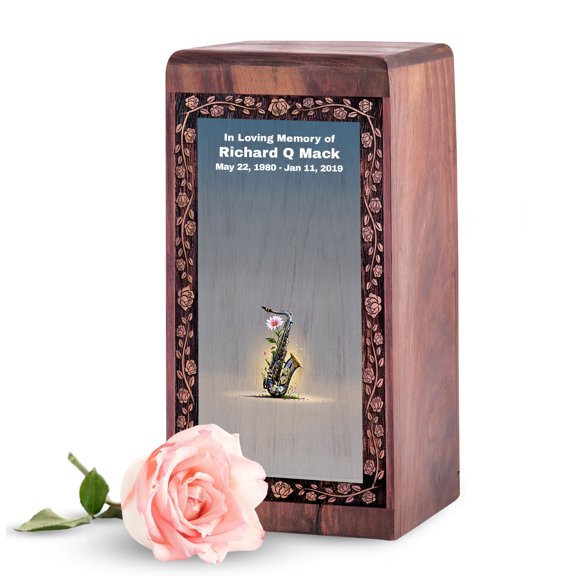 MUKTIVE Saxophone Tiny Wooden Box 5 Inch, Floral Customized Ashes Holder, Grey Engraved Urn Box, Urns for Ashes for Humans, Funeral Wooden Boxes, Cremation Urns for Mom Remains, Dad Memorial Urn