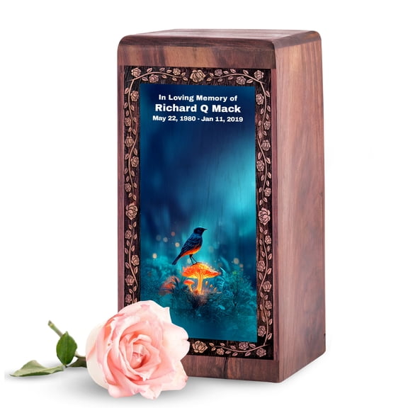 MUKTIVE Sparrows Wooden Keepsake Box, Urn for Ashes Adult Male Customized, Blue Small Wood Urns 5 Inch, Funeral Engraved Wooden Boxes, Memorial Urns for Men Ashes, Mom Cremation Urn
