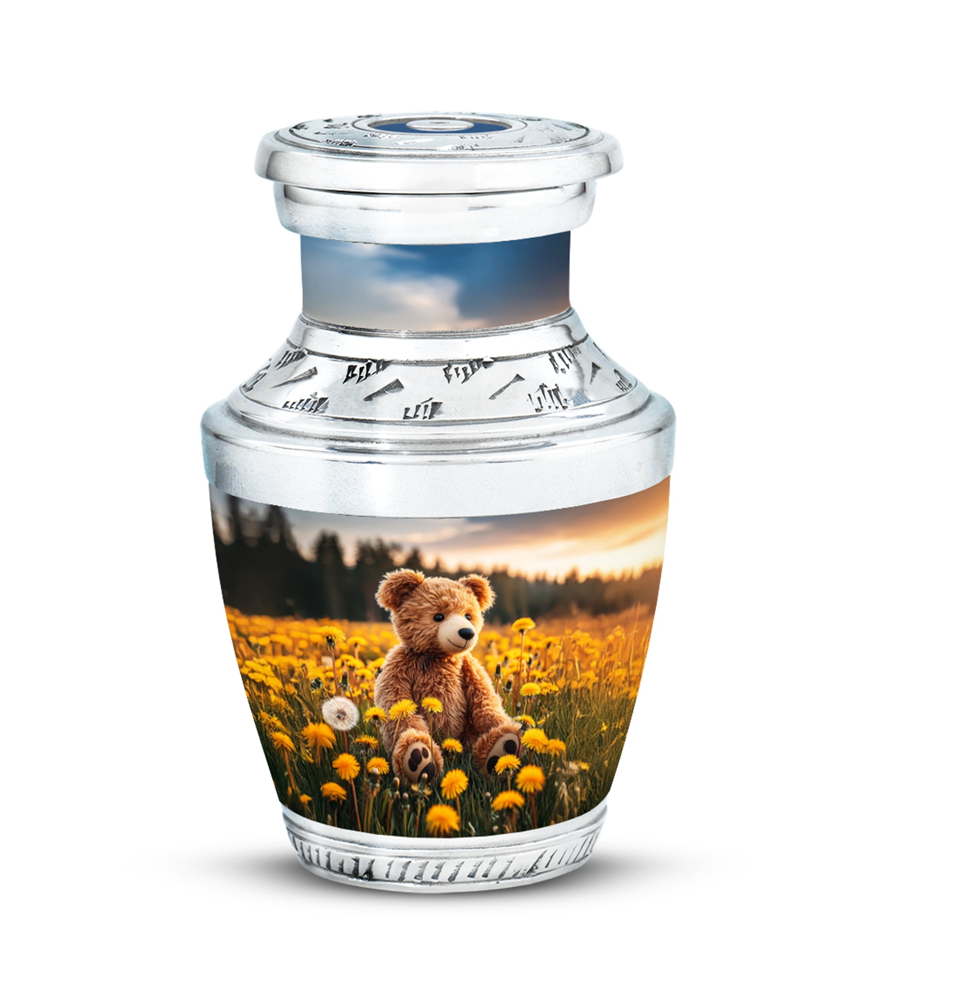 MUKTIVE Teddy Bear Keepsake Cremation Urns for Human Ashes for Male & Female - Yellow Flowers Small Funeral Urn for Adult Ashes Man - Miniature Handmade Memorial Gifts for Loss of Dad (3 Inch)