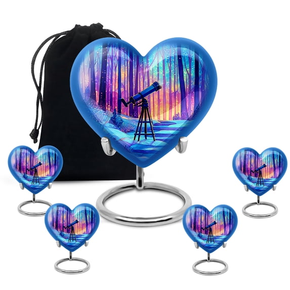 MUKTIVE Telescope Cremation Urns for Human Ashes Adult Men, Aqua Blue Couple Combo Cremation Urn, Large Memorial Urns for Adult Female, Set of 5 Heart Creamins Ash Holder (1 Large, 4 Keepsake)