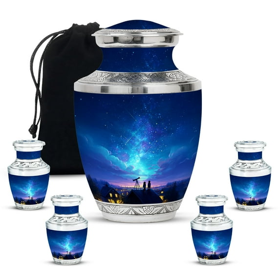 MUKTIVE Telescope Urns for Adult Ashes for Men, Large Starry galaxy Burial Urn for Adult Male, Memorial Child Urn for Women Funeral, Beautifully Handcrafted Blue Urns (1 Large, 4 Keepsake)
