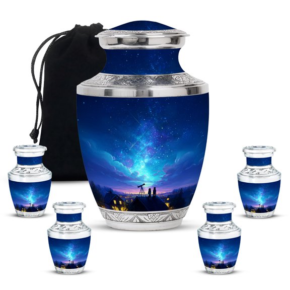 MUKTIVE Telescope Urns for Adult Ashes for Men, Large Starry galaxy Burial Urn for Adult Male, Memorial Child Urn for Women Funeral, Beautifully Handcrafted Blue Urns (1 Large, 4 Keepsake)