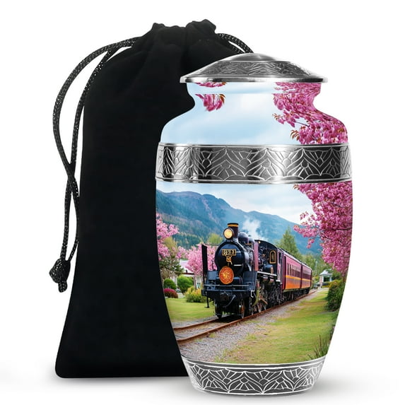 MUKTIVE Train Burial Urns for Human Ashes Adult Female, Cherry Blossom Memorial Urn, Large Lilac Urns for Human Ashes Adult Men, Large Cremation Urn for Loved Ones, 10 Inch