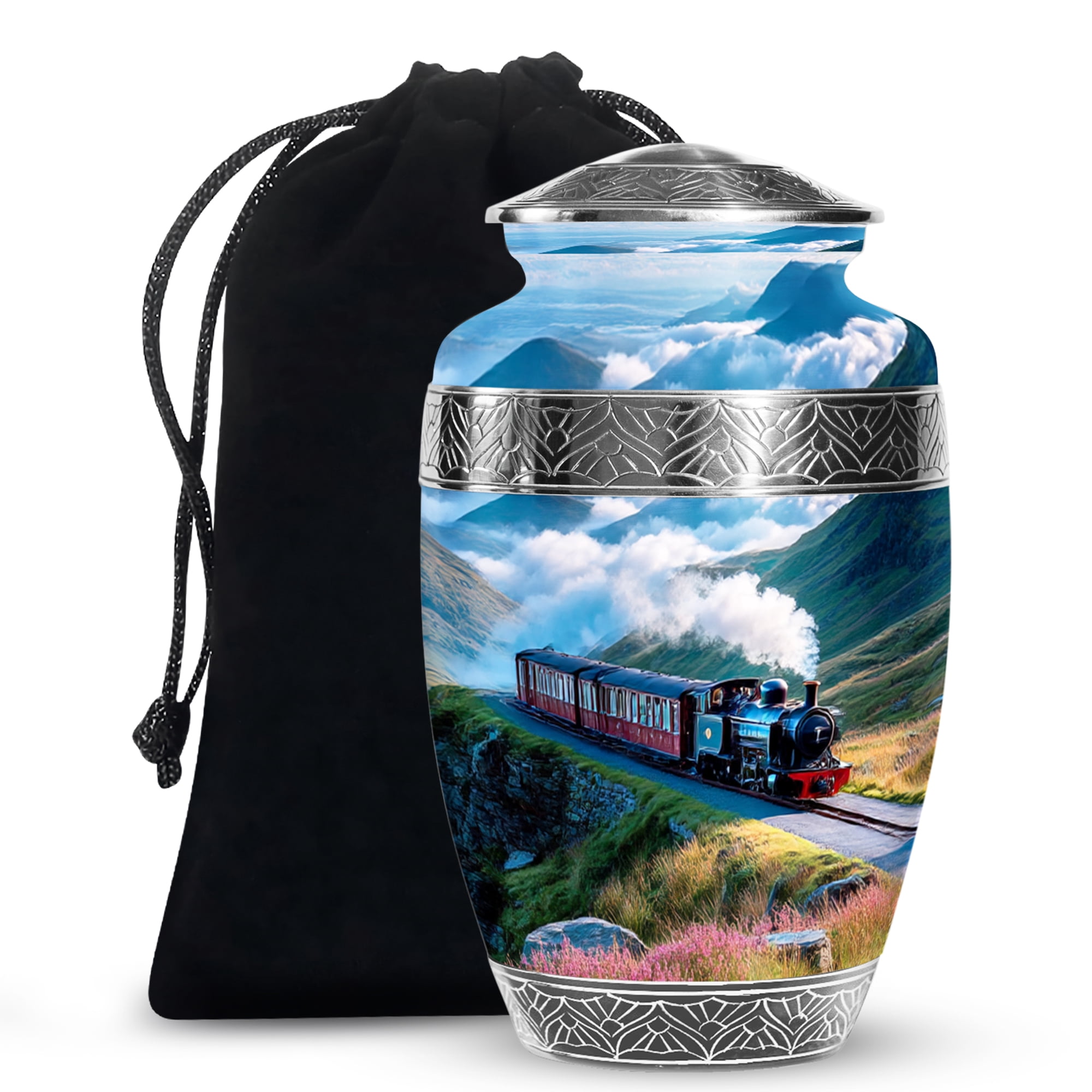 MUKTIVE Train Cremation Urns for Human Ashes Adult Female, Large Funeral Urns for Adult Male, Decorative Burial Urn for Father & Mother, Memorial Urn for Ashes for Men & Women, 10 Inch