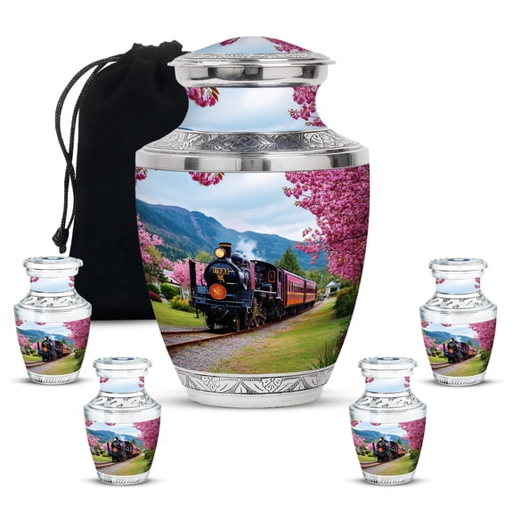 MUKTIVE Train Urns for Couple Ashes for Men & Women, 10 Inch Large Cherry Blossom Human Cremation Ash Holder, 3 Inch Mini Portable Urns for Women Funeral Gifts, Lilac Urn (1 Large, 4 Keepsake)