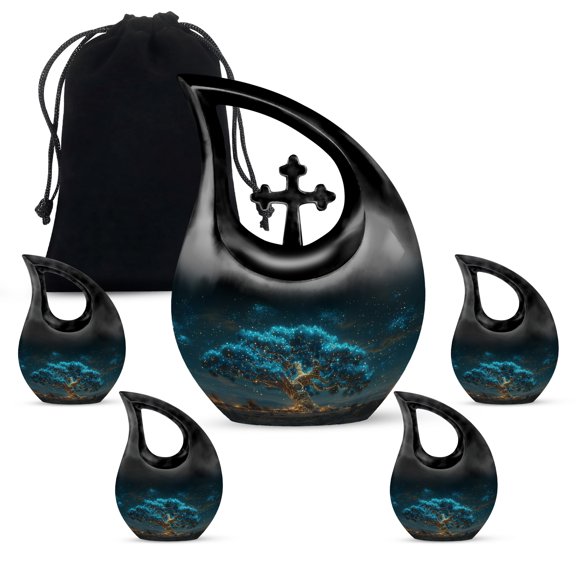 MUKTIVE Tree Memorial Burial Urns for Adult Ashes Father & Mother, Black Cremation Funeral Urn for Ashes for Female, Combo Sets Decoration Urns for Adult Human (1 Large 10 ", 4 Keepsake 3 ")