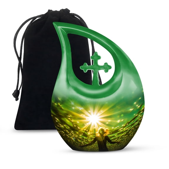 MUKTIVE Underwater Memorial Urn for Human Ashes Adult Mother & Father - Sunrise Cremation Large Cross Drop Urns for Male & Female - Green Urns for Burial (10 Inch)