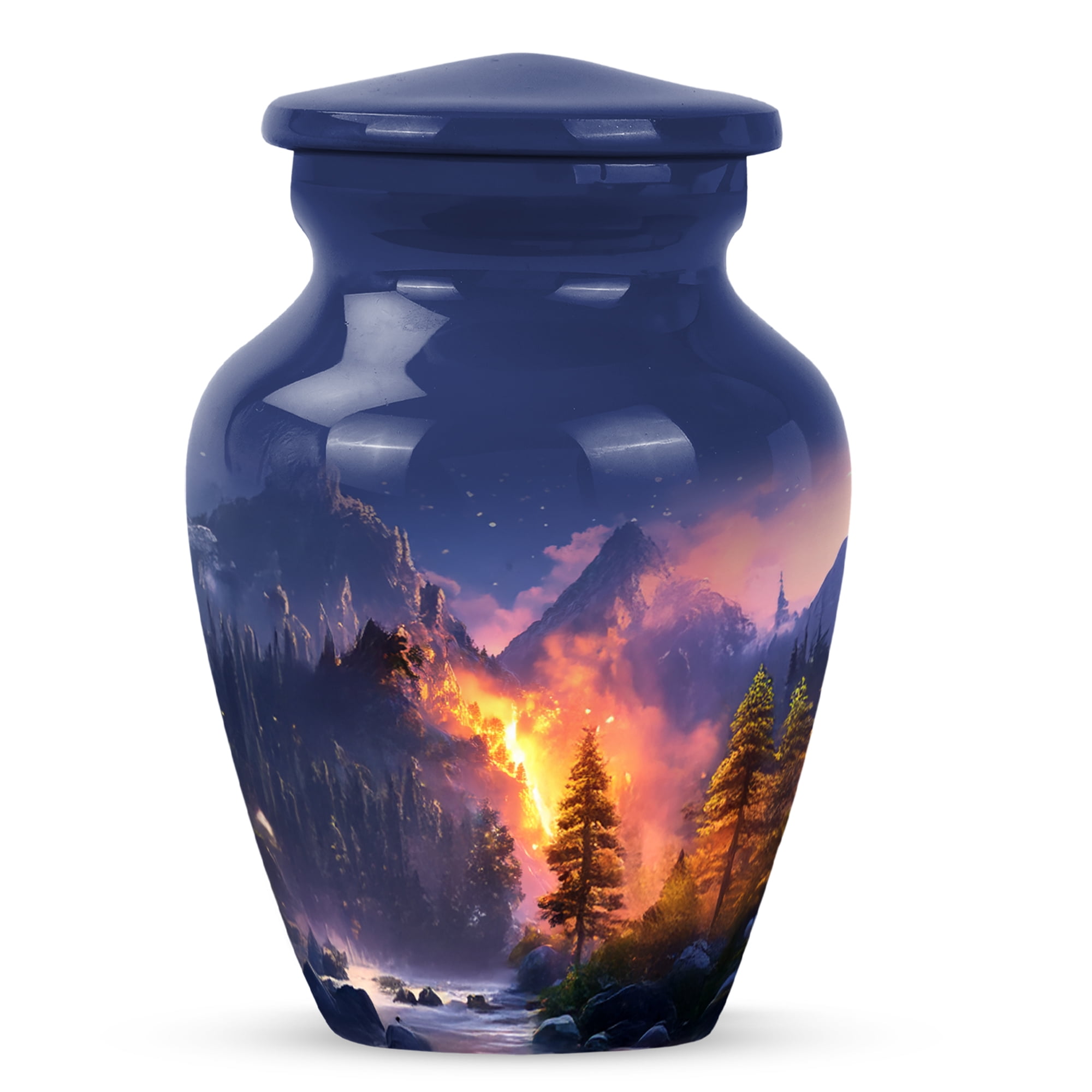 MUKTIVE Waterfall Keepsake Cremation Urns for Adult Ashes for Women, Mini Blue Mountain Burial Urn for Ashes for Women, Unique Urn, Tiny Fiery Forest Memorial Funeral Gift for Mom & Dad 3 Inch
