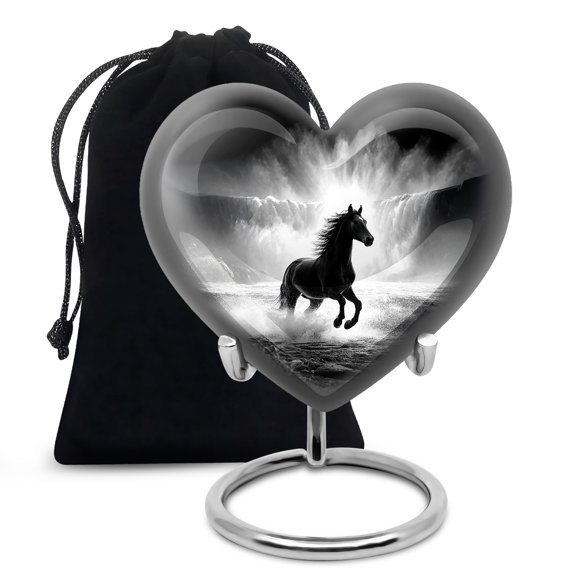 MUKTIVE Waterfall Large Cremation Urns, Horse Urn for Ashes for Women & Men Funeral, Black Burial Urn for Mom, Memorial Heart Shaped Urns for Parents, Remembrance Gift for Loss of Father, 8 Inch