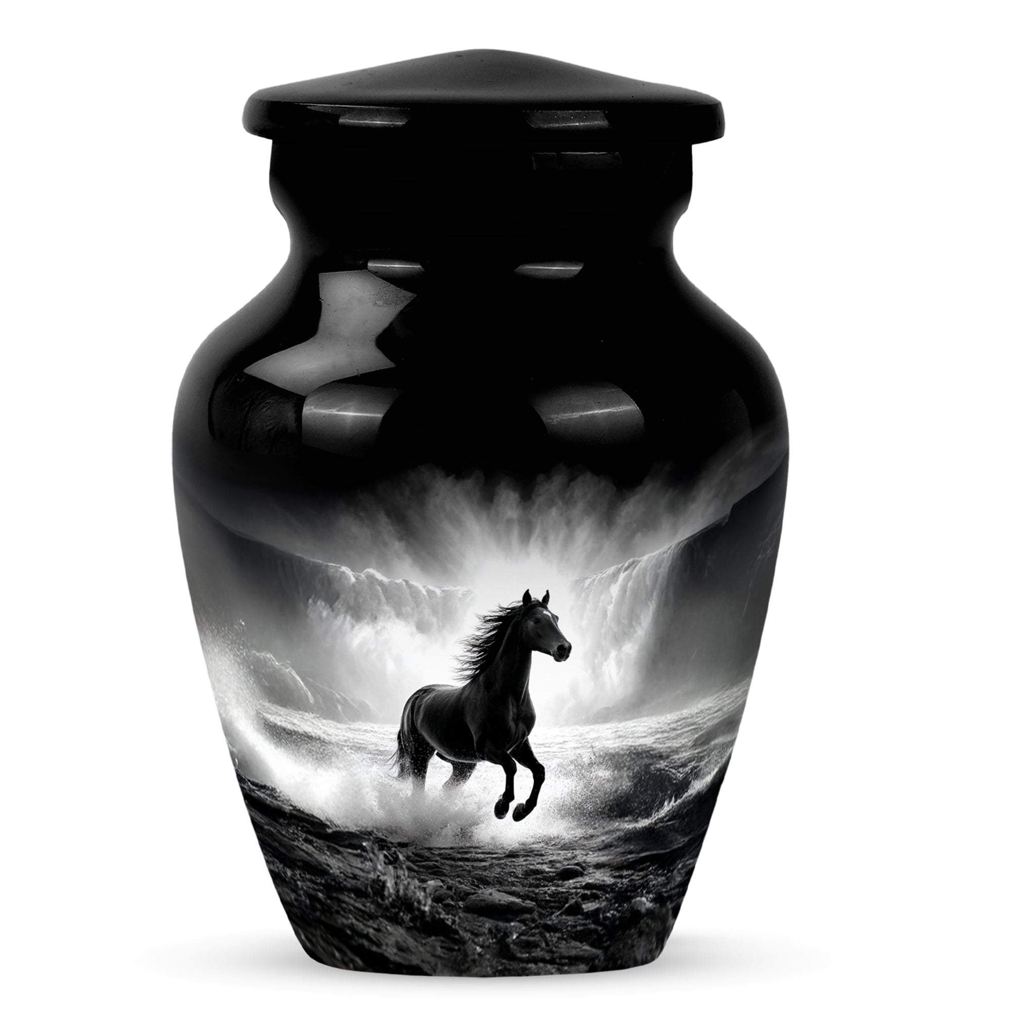 MUKTIVE Waterfall Tiny Cremation Urns for Adult Male, Mini Black Burial Urn for Ashes for Women, Keepsake Horse Memorial Decorative Funeral Ash Urns for Human, 3 Inch