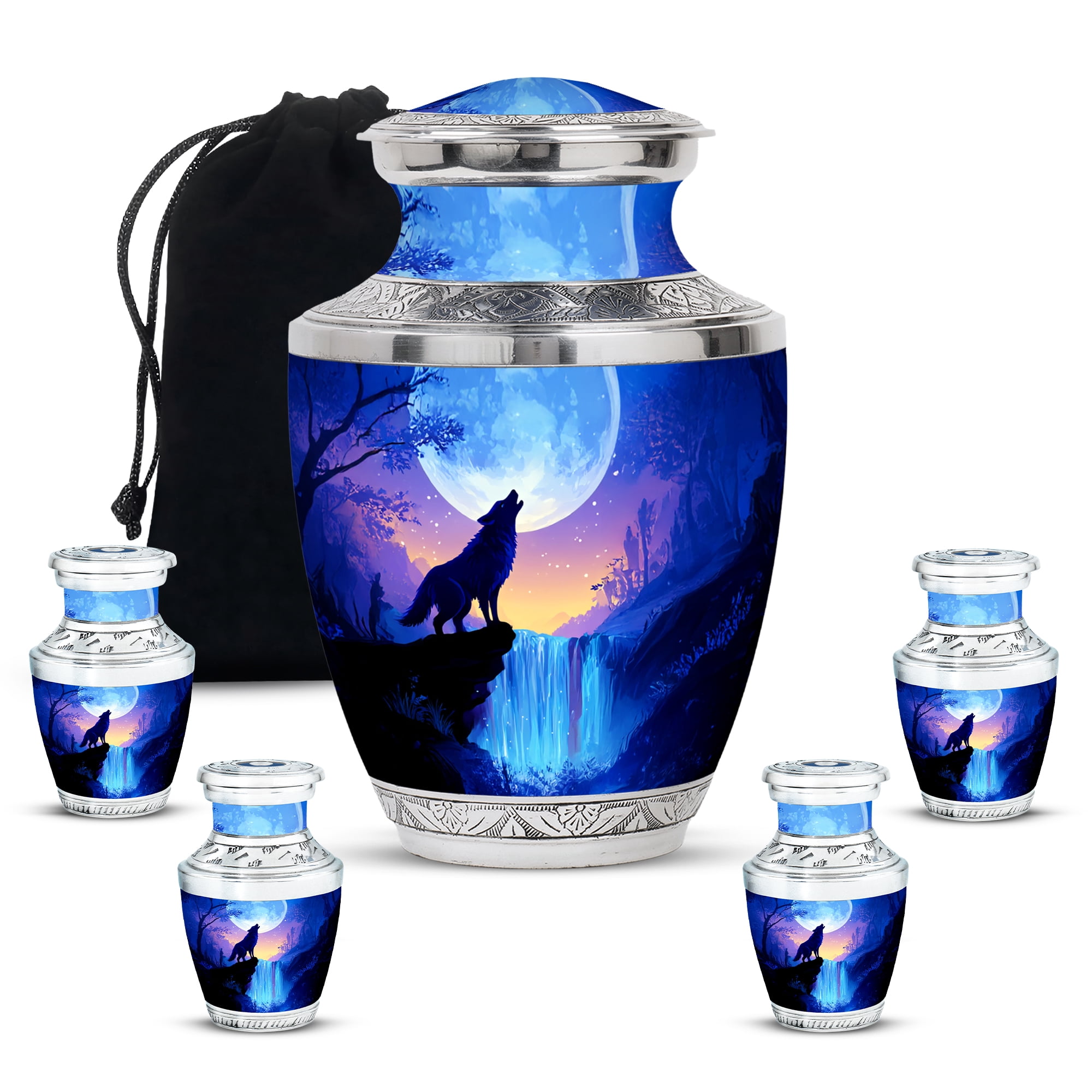 MUKTIVE Waterfall Urns for Human Ashes for Friends, Large Moon Urns for Adult Ashes for Women, Unique Wolf Keepsake Urns for Burial, Memorial Blue Urn for Mom & Dad (1 Large, 4 Keepsake)