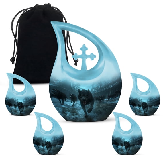 MUKTIVE Wolf Funeral Urns for Human Ashes Adult Husband & Wife, Blue Combo Sets Memorial Urn for Adult Male & Female, Forest Cremation Urns for Human Ashes Mom & Dad(1 Large 10 ", 4 Keepsake 3 ")