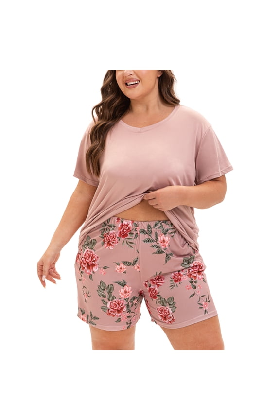Plus Size Pajamas for Women Set, 2 Piece Womens Plus Size Short Sleeve V Neck Top and Shorts Pajama Sets with Pockets(Floral Brown 1,4X)