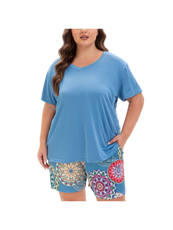 Plus Size Pajamas for Women Set, 2 Piece Womens Plus Size Short Sleeve V Neck Top and Shorts Pajama Sets with Pockets(Mandala Blue 1,3X)