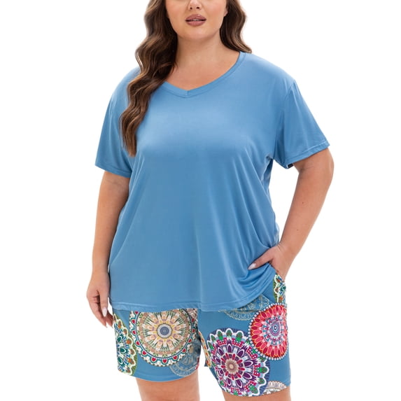 MUKVIK Plus Size Pajamas for Women Set, 2 Piece Womens Plus Size Short Sleeve V Neck Top and Shorts Pajama Sets with Pockets(Mandala Blue 1,5X)