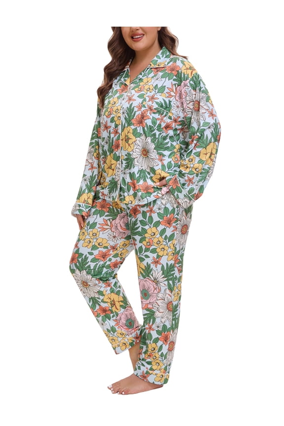 Plus Size Pajamas for Women Set Long Sleeve Button Down with Pockets