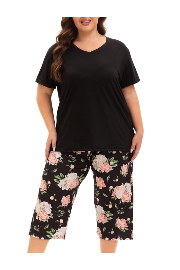 Plus Size Pajamas for Women Set, Womens Plus Size Short Sleeve V Neck Capri Pants Pajama Sets with Pockets(Floral Black 1,3X)