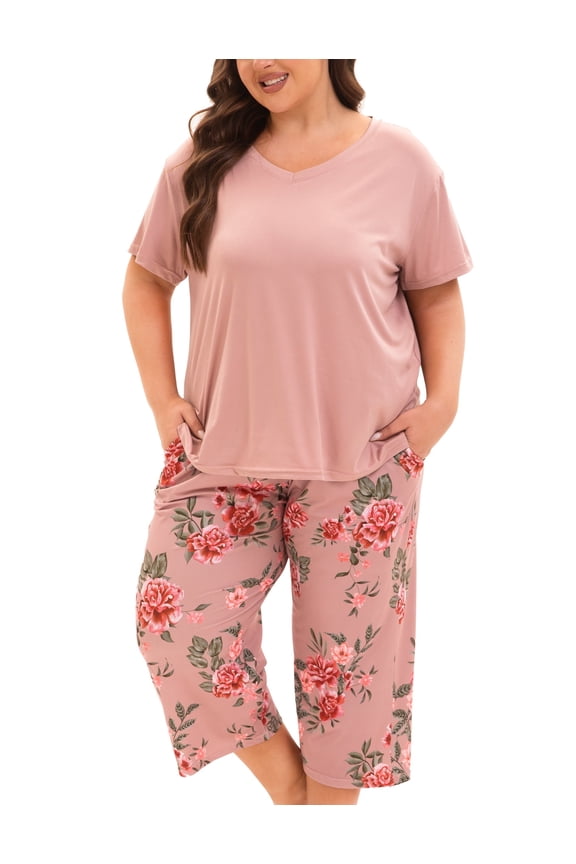Plus Size Pajamas for Women Set, Womens Plus Size Short Sleeve V Neck Capri Pants Pajama Sets with Pockets(Floral Brown 1,2X)