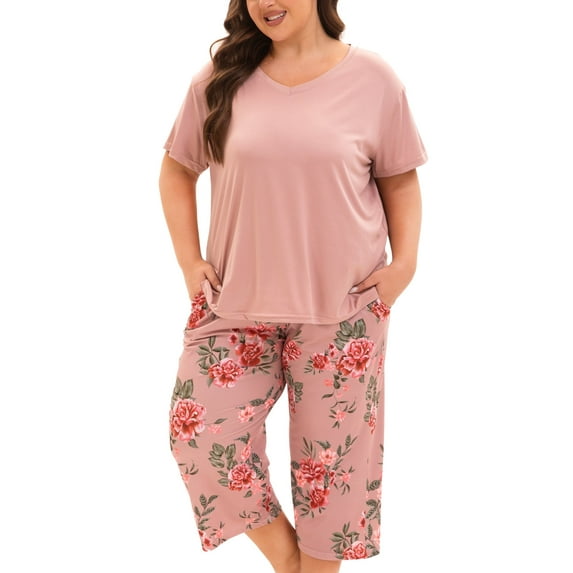 MUKVIK Plus Size Pajamas for Women Set, Womens Plus Size Short Sleeve V Neck Capri Pants Pajama Sets with Pockets(Floral Brown 1,3X)