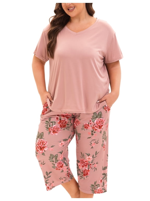 Plus Size Pajamas for Women Set, Womens Plus Size Short Sleeve V Neck Capri Pants Pajama Sets with Pockets(Floral Brown 1,3X)