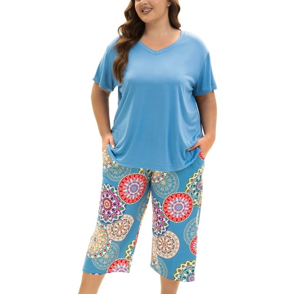 MUKVIK Plus Size Pajamas for Women Set, Womens Plus Size Short Sleeve V Neck Capri Pants Pajama Sets with Pockets(Mandala Blue 1,3X)