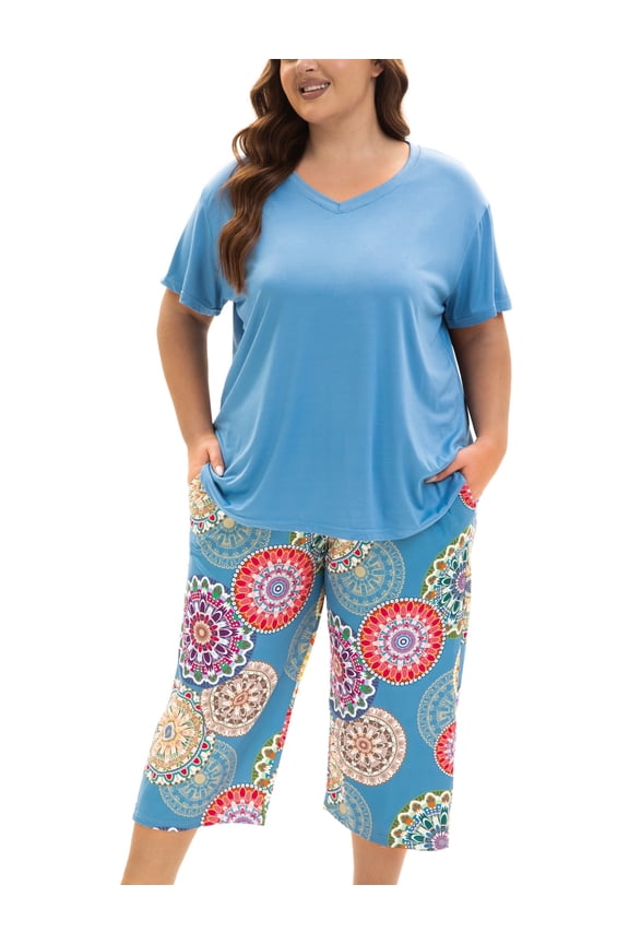 Plus Size Pajamas for Women Set, Womens Plus Size Short Sleeve V Neck Capri Pants Pajama Sets with Pockets(Mandala Blue 1,3X)