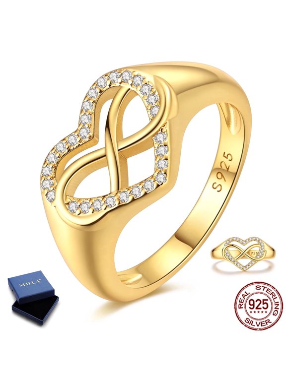 10mm 925 Sterling Silver Gold Plated Heart Infinite Ring, Sparkling AAA CZ Jewelry Gifts for Women