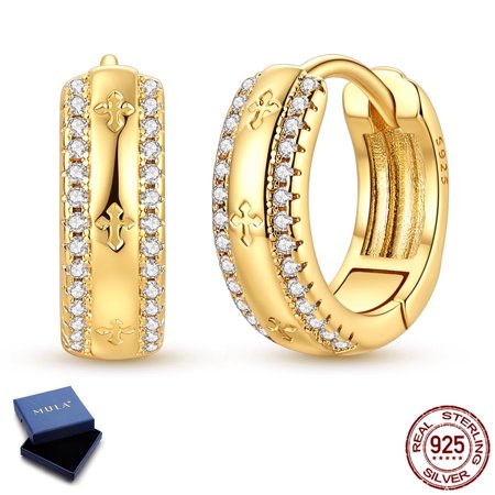 MULA 14mm 925 Sterling Silver Gold Plated Hoop Earrings, Sparkling AAA CZ Cross Jewelry Gifts for Women
