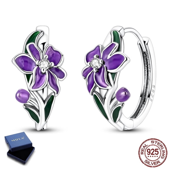 MULA 18mm 925 Sterling Silver Hoop Earrings, Enamel Purple Flower Design, Lightweight Jewelry Gifts for Women