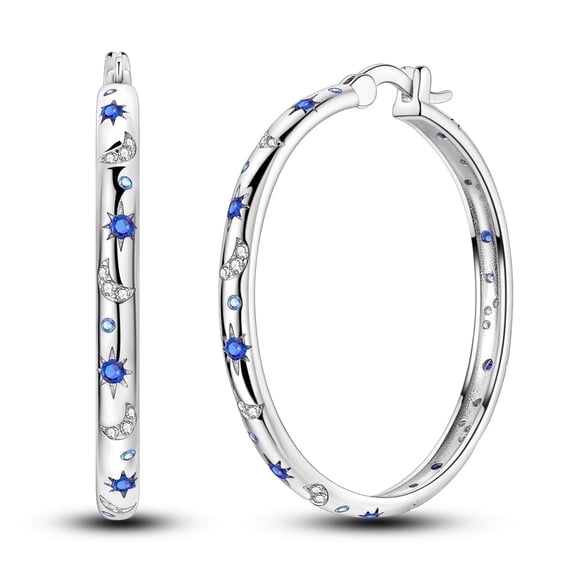 MULA Christmas 30mm 925 Sterling Silver Starry Night Large Huggie Hoop Earrings, Sparkling Blue AAA CZ Hypoallergenic Women’s Jewelry Gift for Her with Box