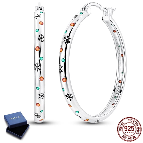 MULA 35mm 925 Sterling Silver Snowflake Hoop Earrings for Women, Hypoallergenic Sparkling Cubic Zirconia Jewelry Christmas Gift with Box