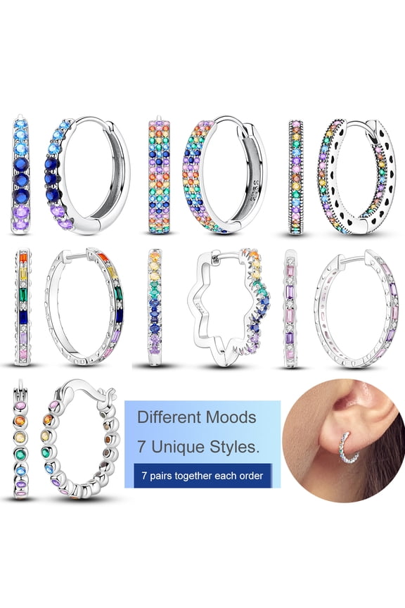 7pairs Summer Rainbow Large Hoop Earrings 925 Sterling Silver Sparkling 5A Zircon Gift for Her