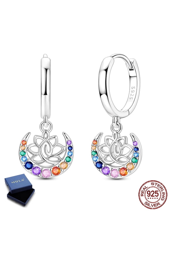 925 Sterling Silver Colorful Moon Yoga Hoop Earrings, Sparkling 5A Zircon Jewelry Gifts for Her