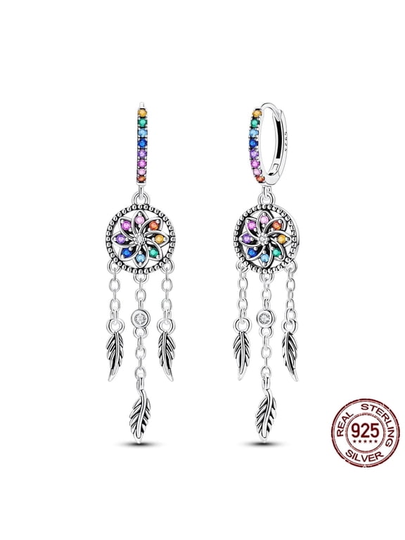 925 Sterling Silver Dreamcatcher Hoop Earrings Long Tassel Colorful AAA CZ Jewelry Gifts for Women