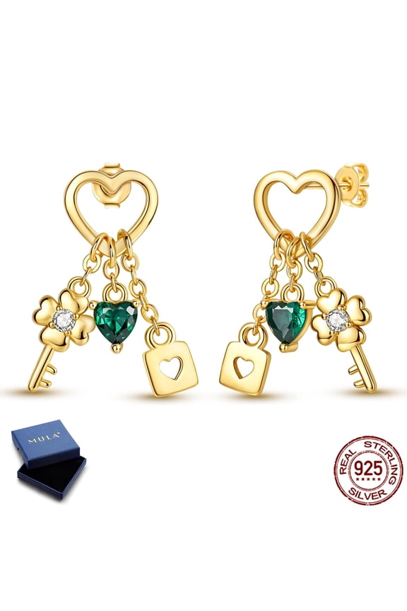 925 Sterling Silver Gold Plated Heart Lock Stud Earrings, Sparkling 5A Zircon Jewelry Gifts for Her