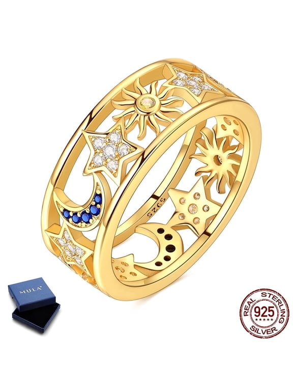 925 Sterling Silver Gold Plated Ring for Women, Stars Moon Sun Hypoallergenic Sparkling Blue AAA CZ Jewelry Birthday Gift Size 7