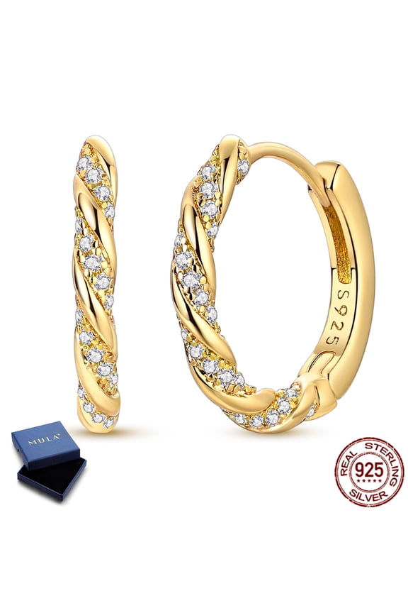 925 Sterling Silver Gold Plated Small Rope Hoop Earrings, Sparkling 5A Zircon Circle Earrings, Jewelry Gifts for Her