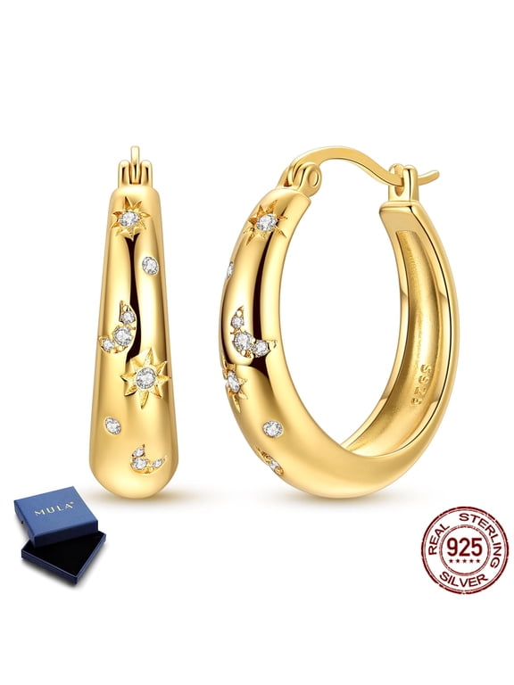 925 Sterling Silver Gold Plated Star Moon Hoop Earrings for Women, Hypoallergenic Sparkling Cubic Zirconia Jewelry Birthday Gift with Box