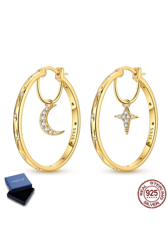 925 Sterling Silver Gold Plated Star Moon Pendant Hoop Earrings,30mm Sparkling 5A Zircon Women's Jewelry Gift for Her