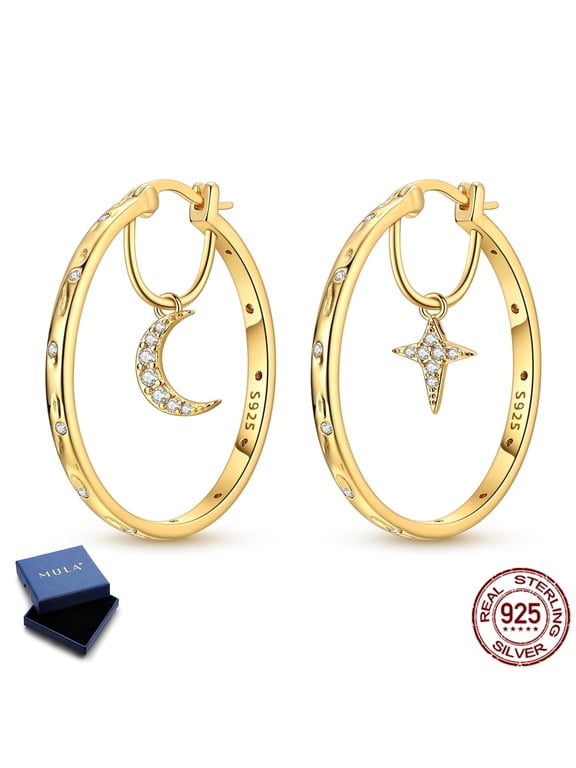 925 Sterling Silver Gold Plated Star Moon Pendant Hoop Earrings,30mm Sparkling AAA CZ Women's Jewelry Gift for Her